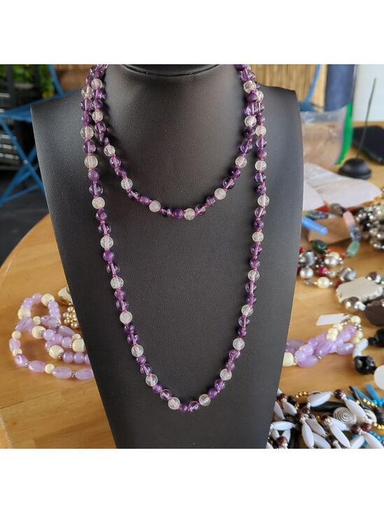 Vintage Glass Clear and Purple Beads Long Necklace